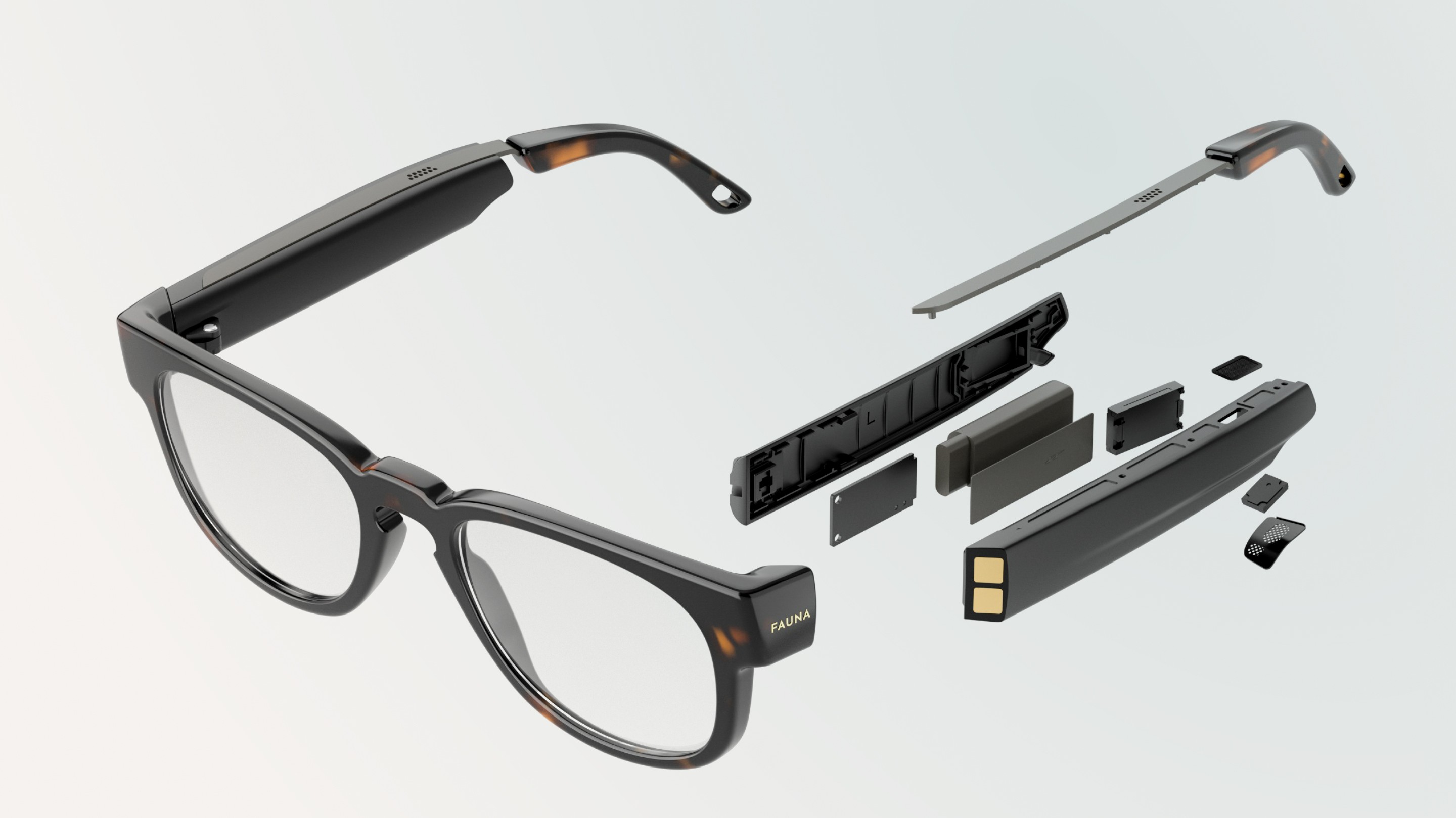 Smart glasses exploded view showing all technical components inside.
