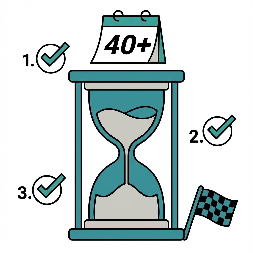 Illustration einer Sanduhr mit Kalenderblatt "40+", drei nummerierten Häkchen und einer Zielflagge.