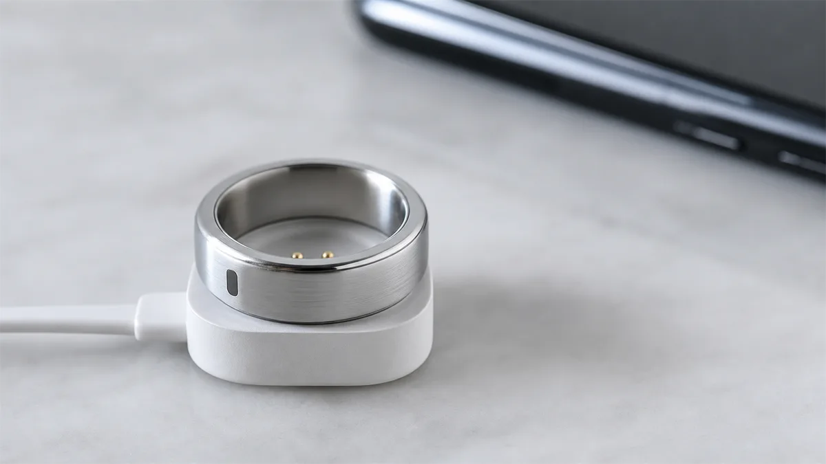 Silver smart tasbih ring on a magnetic charging clip with phone edge blurred behind