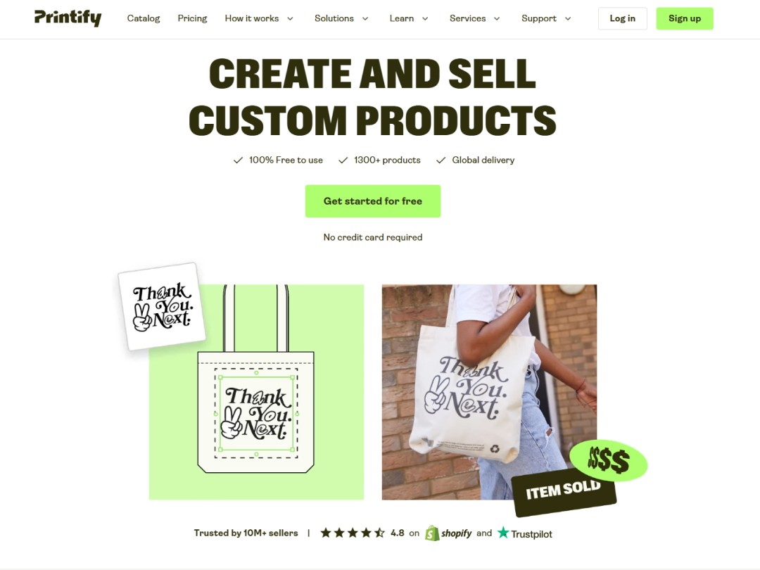 Printify website hero section with 2 cards below the text, the one on the left shows a plain design and the one on the right shows a lifestyle picture of a person wearing the product with the design from the left card 