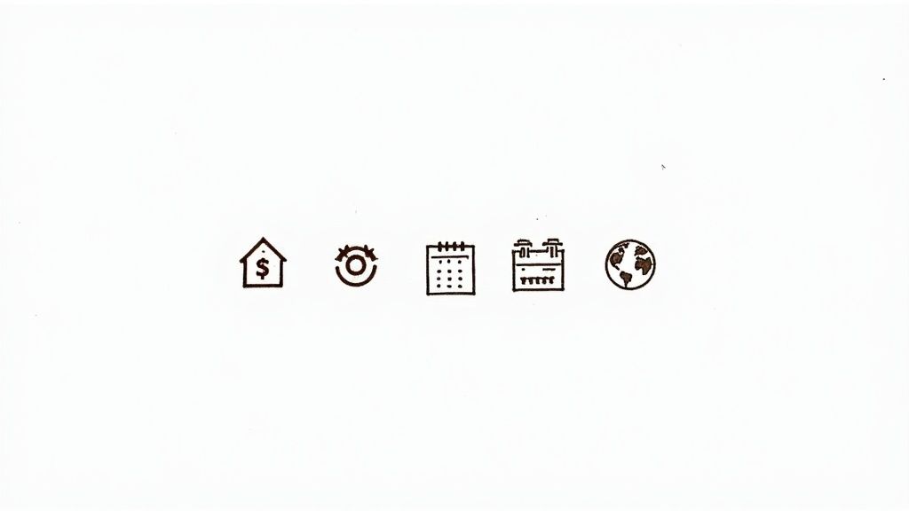 A row of five black line icons: a house with a dollar sign, a gear, a calendar, a chart, and a globe.
