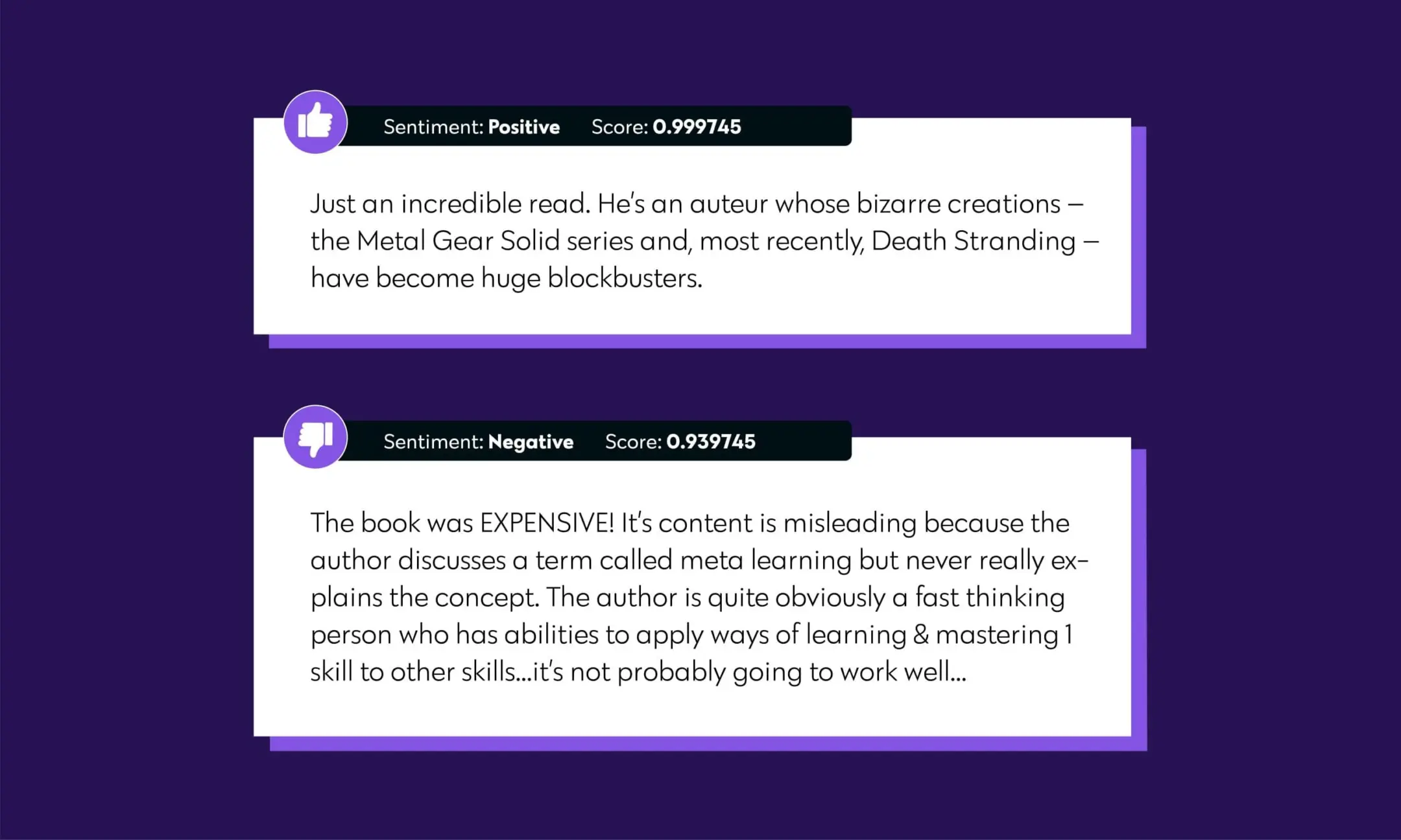 Example of PreText NLP sentiment analysis scoring a positive and a negative review