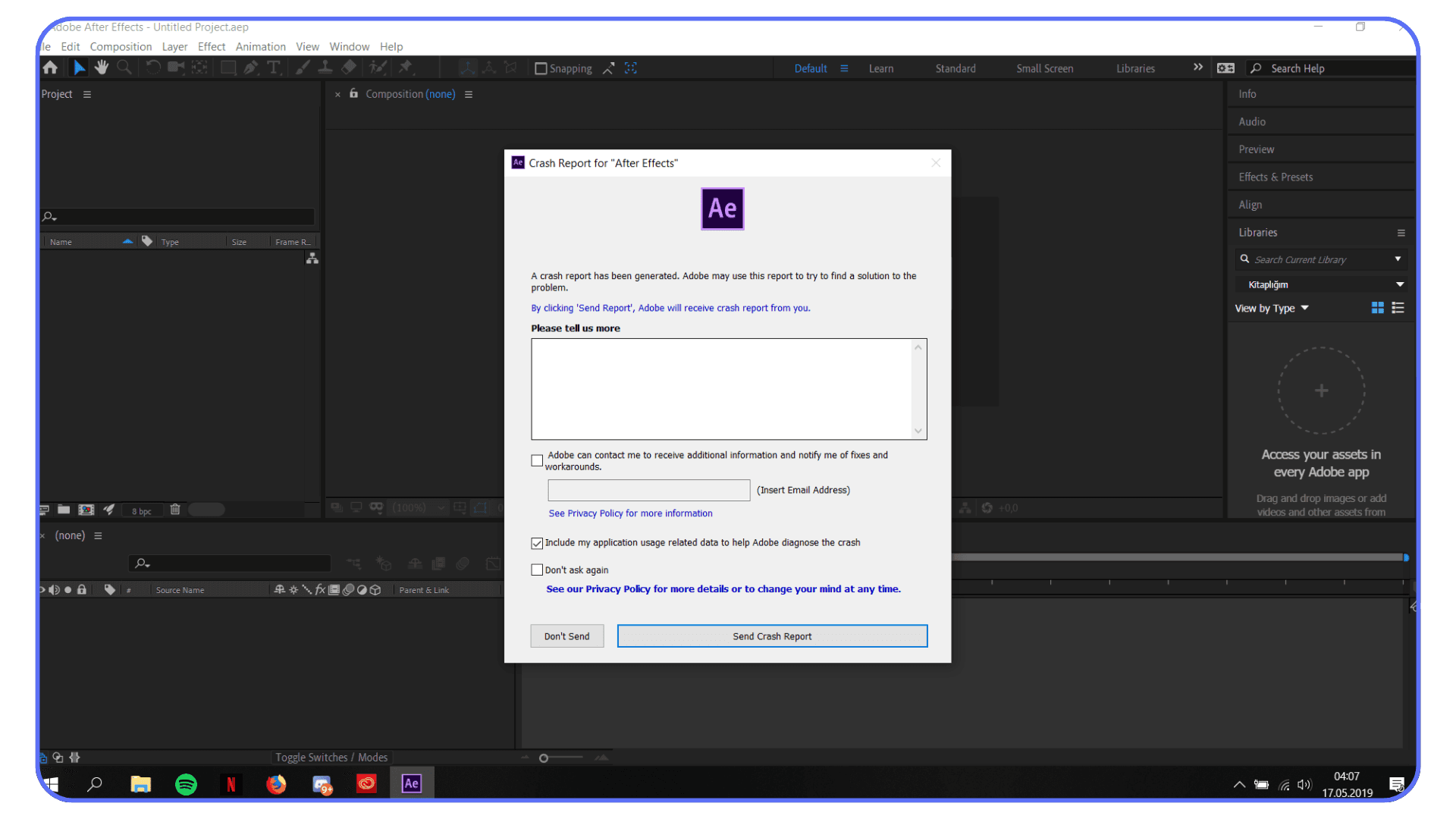After Effects crash report window appearing during a heavy project workflow