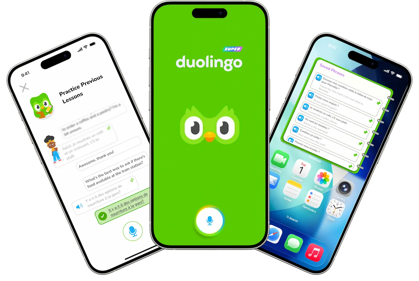 DuoChat feature hero showing the chat interface and phrasebook screens designed within Duolingo's existing visual system