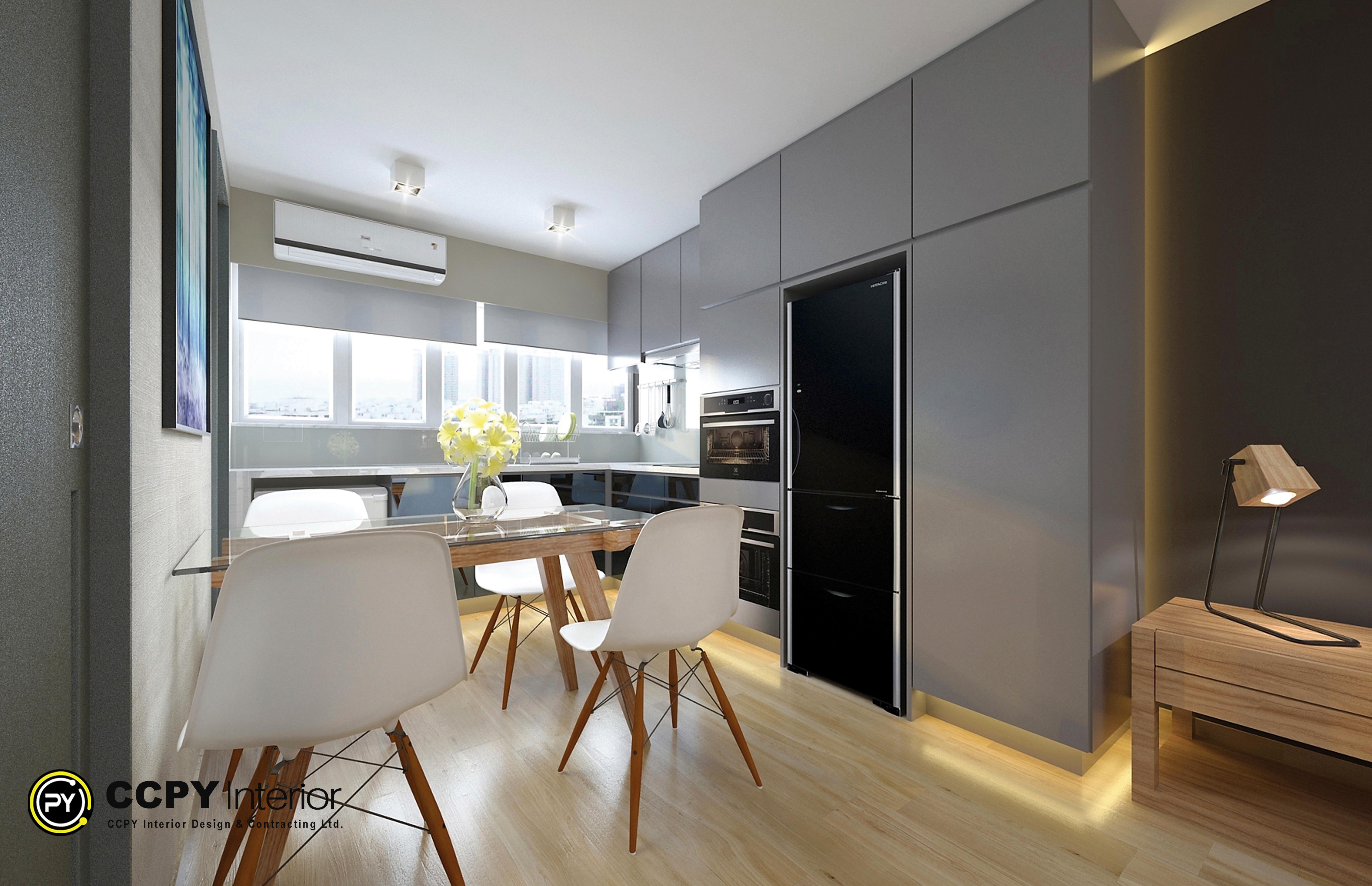 e selected region displays a modern, open-plan kitchen and dining area in a Hong Kong apartment designed by CCPY Interior.Design FeaturesColor Palette: Minimalist mix of matte grey cabinetry, warm wood flooring, and white furniture accents.Smart Storage: Integrated black refrigerator seamlessly flush with floor-to-ceiling kitchen cabinets.Dining Setup: A contemporary wooden table paired with four white mid-century modern chairs with Eiffel-style wooden legs.Lighting: Natural light from large windows supplemented by recessed ceiling spotlights and a warm bedside reading lamp to the right.Space OptimizationFlow: The dining table sits adjacent to the kitchen workspace to maximize usable floor area in a compact 455 sq. ft. layout.Appliances: Built-in oven and streamlined surfaces reduce visual clutter.