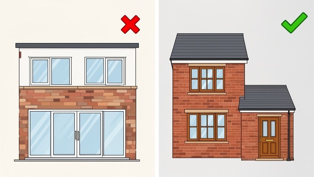 Illustration contrasting a modern flat-roof house (incorrect) with a traditional pitched-roof house (correct).