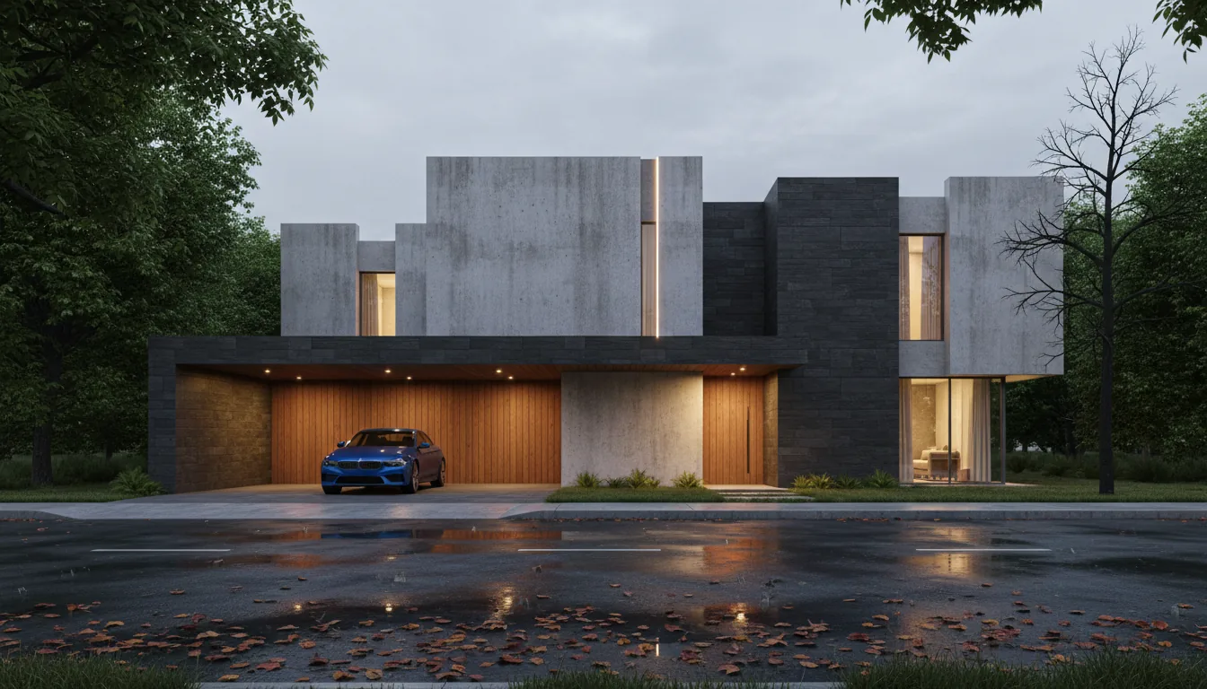 Photorealistic 3D render of a modern minimalist house at dusk, architectural visualization in the style of Twinmotion. The structure features intersecting cubist forms with weathered concrete and dark grey stone tile walls. A prominent design element is a narrow, vertical recessed warm LED light strip on the facade. A modern blue sedan is parked under a carport with a warmly lit wood-paneled back wall. The foreground shows a wet asphalt street with puddles reflecting the glowing lights, scattered with autumn leaves. The scene is illuminated by soft global illumination from an overcast sky, contrasted with warm interior lights and exterior uplighting on shrubs. Lush green trees and a single bare tree frame the composition.