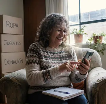 Mujer coordinando el recojo por WhatsApp junto a cajas de donación etiquetadas.