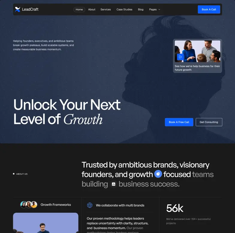Website homepage of LeadCraft showing business growth services with call-to-action buttons.