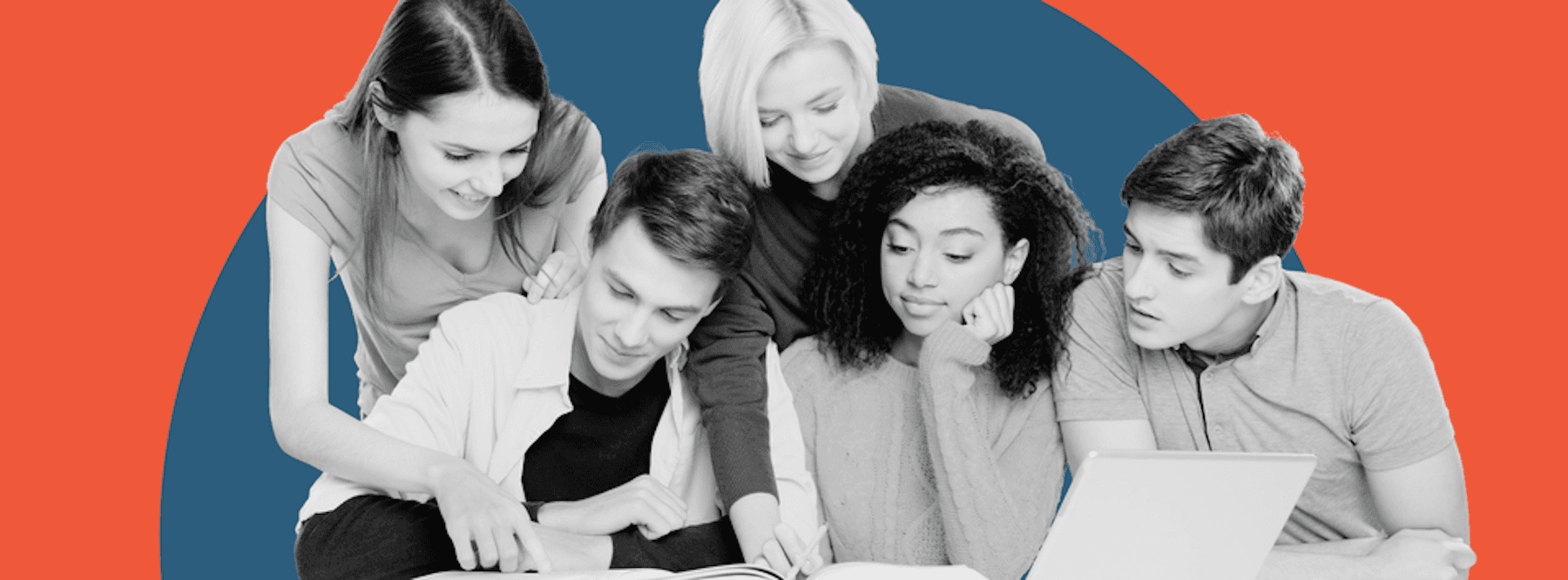Group of students studying together with books and laptop on colorful background.