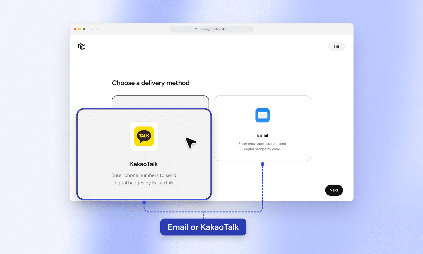 Choosing a delivery method in Certi's admin console: send badges by email or by KakaoTalk