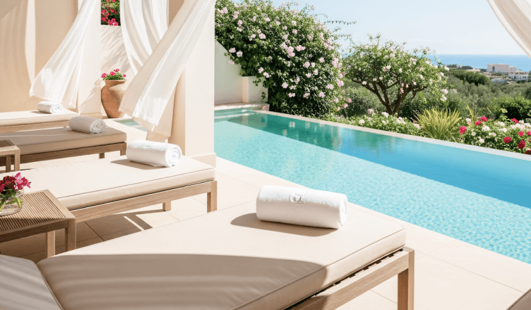 Luxury poolside loungers with rolled towels beside a serene pool and garden view.