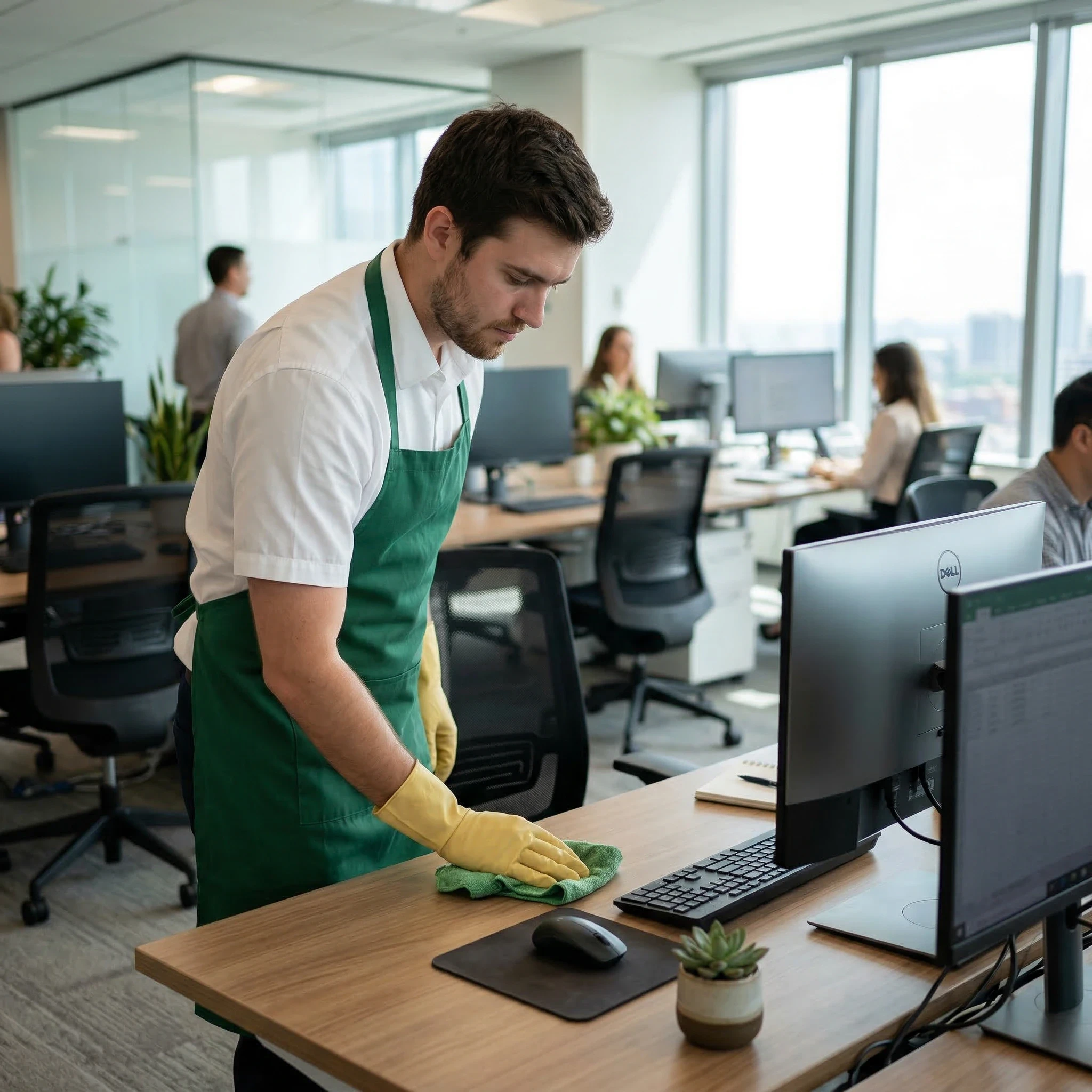 A man in a green apron cleans an office desk with a cloth.