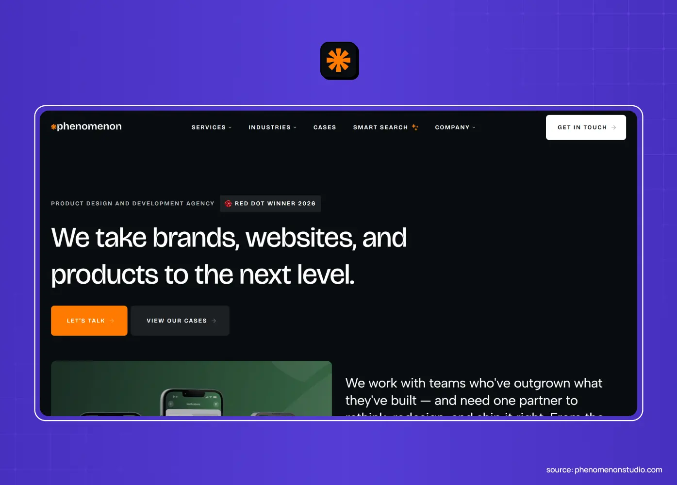 Phenomenon digital product agency website with the headline “We take brands, websites, and products to the next level.”