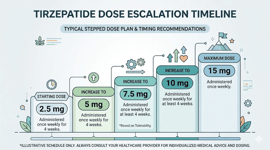 Tirzepatide dose escalation schedule with timing strategy at each level