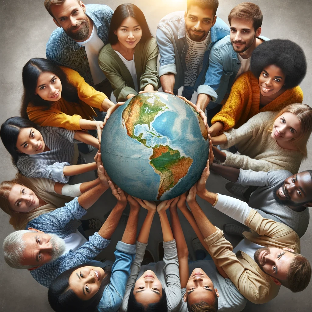Diverse group of individuals collaboratively holding a globe, representing the worldwide impact and unity in immigration.