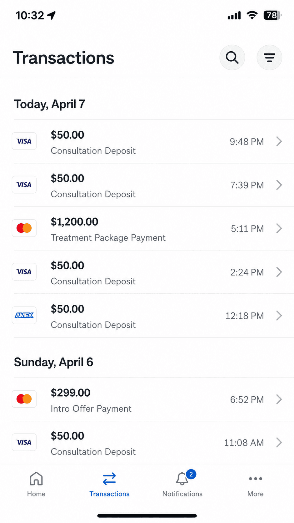 Payment app showing consultation deposits and treatment payments taken in one day