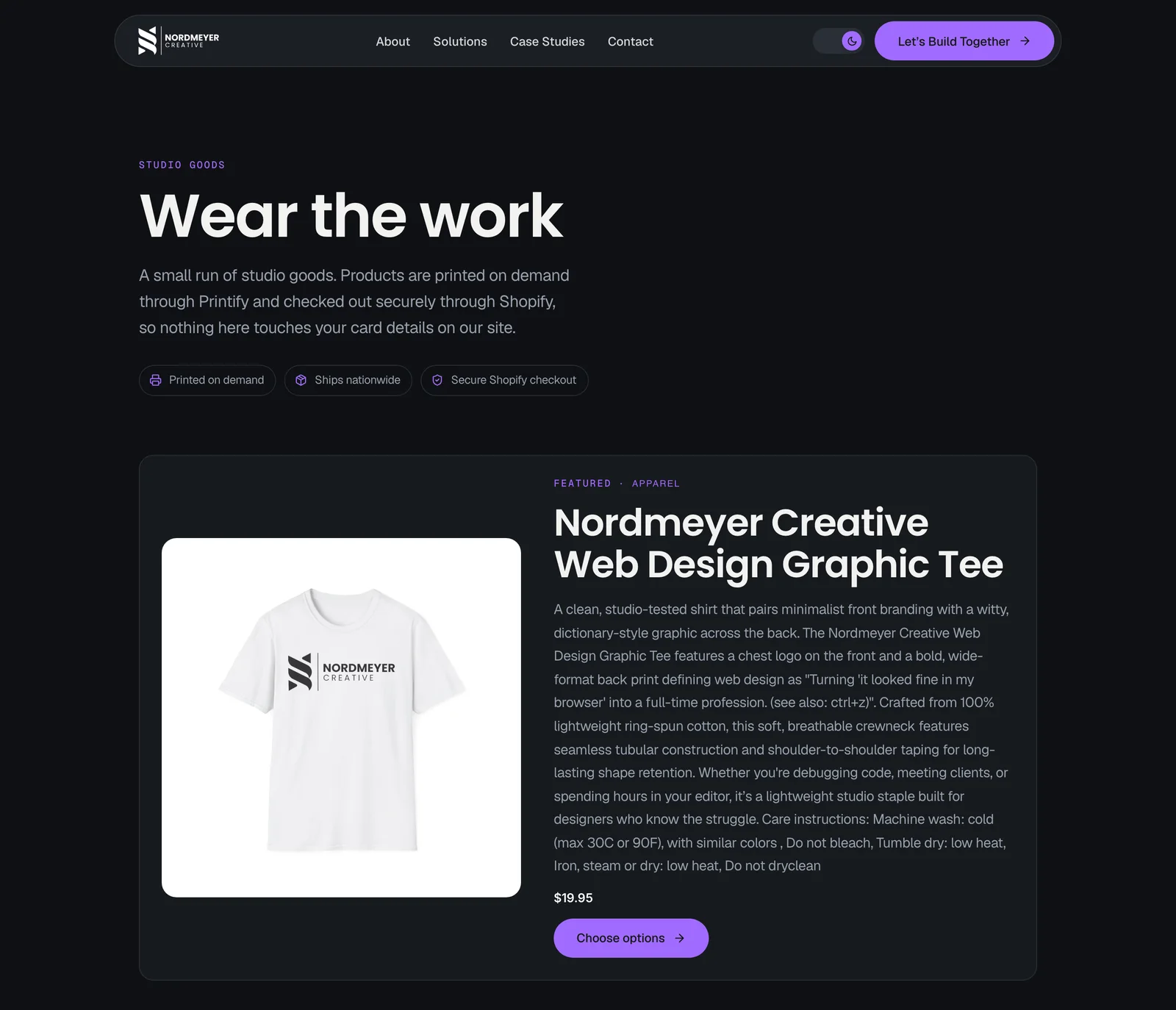 The Nordmeyer Creative studio shop, showing branded apparel printed on demand.