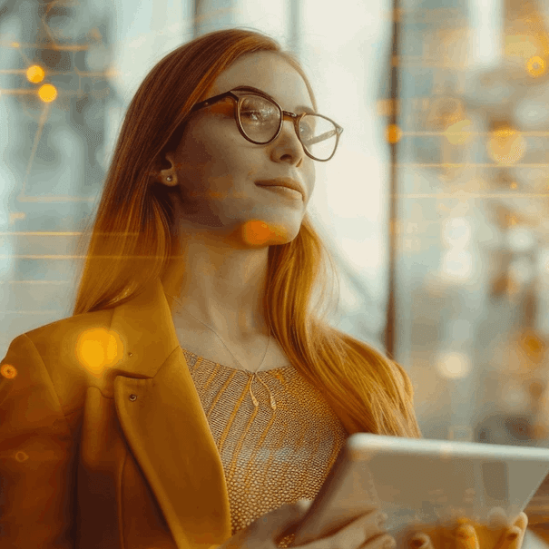 A focused young professional with a confident expression stands holding a digital tablet, surrounded by a futuristic interface of glowing orange data streams, symbolizing technology and innovation.