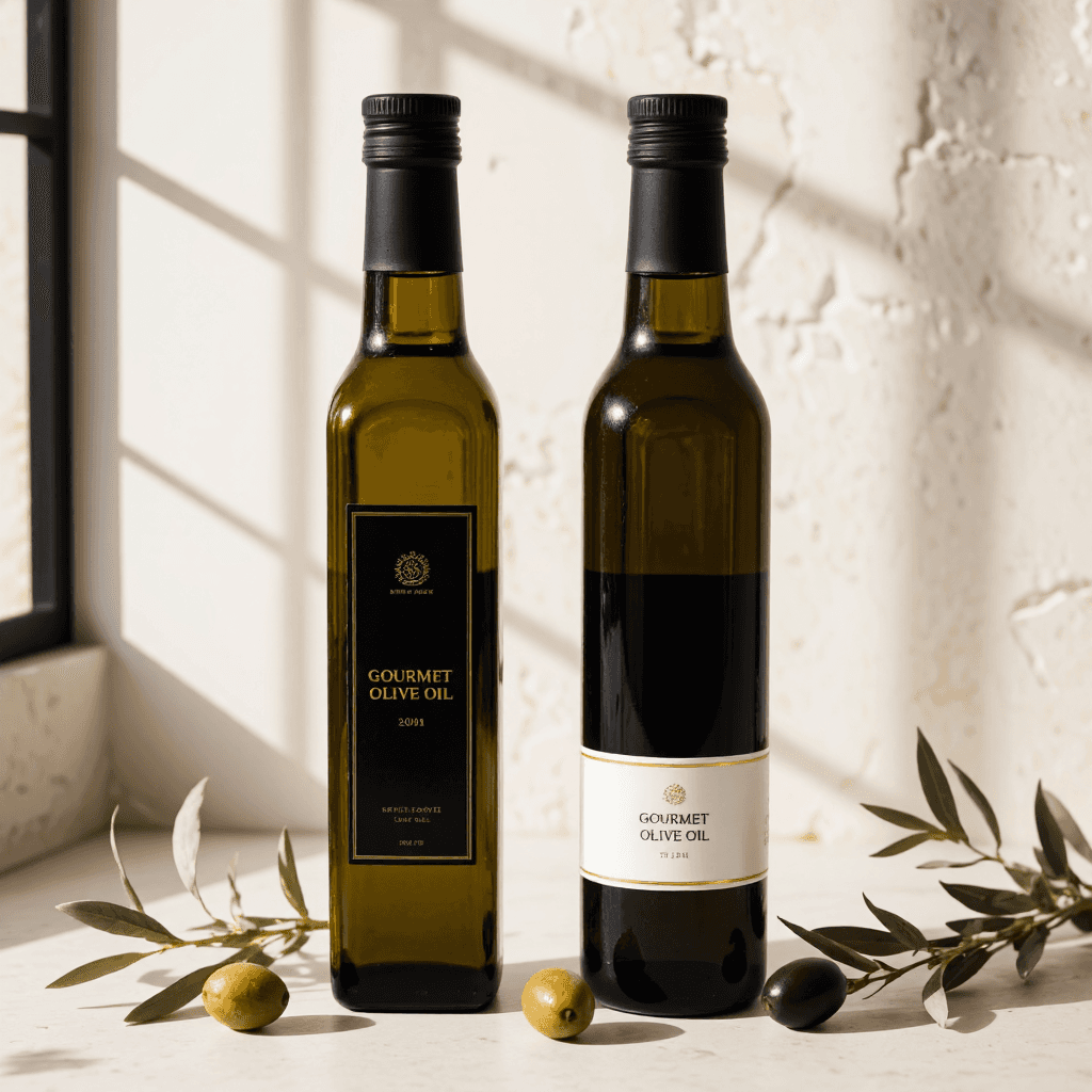 product photography of bottles of gourmet olive oil