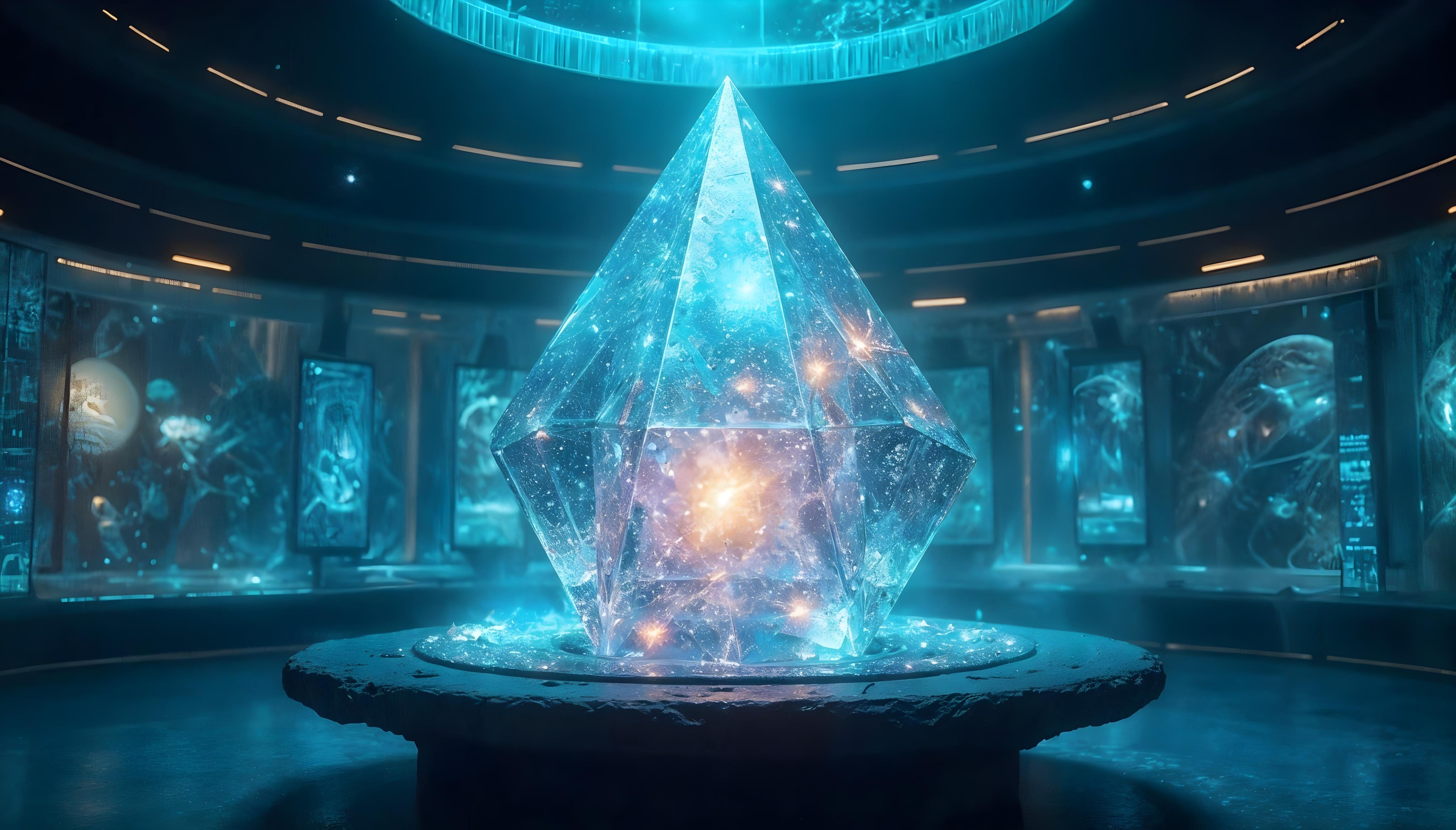 A majestic Eternity Crystal glowing with vibrant colors, surrounded by alien symbols, represents the collective consciousness of a wise, advanced alien species. The crystal is placed in a futuristic chamber filled with holographic displays, showcasing images of various younger civilizations striving to achieve technological advancement. 