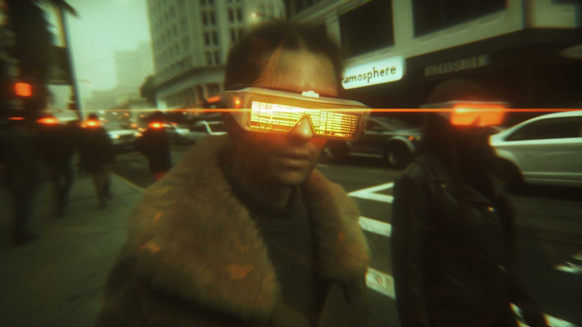 A cinematic street-level scene where everyday reality is overlaid with subtle AI spatial cues and ambient interface elements, suggesting the shift from metaverse destinations to adaptive reality.