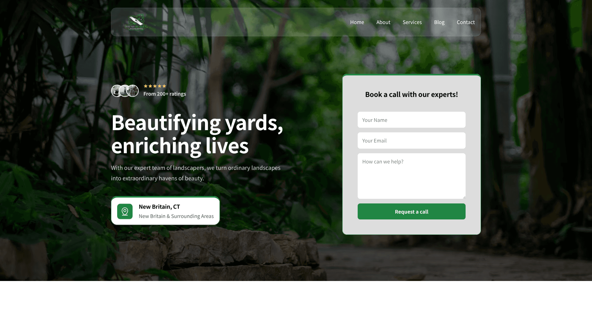 Desktop homepage mockup of Fresh Blades Landscaping website showing landscape design, lawn maintenance, and professional outdoor services layout