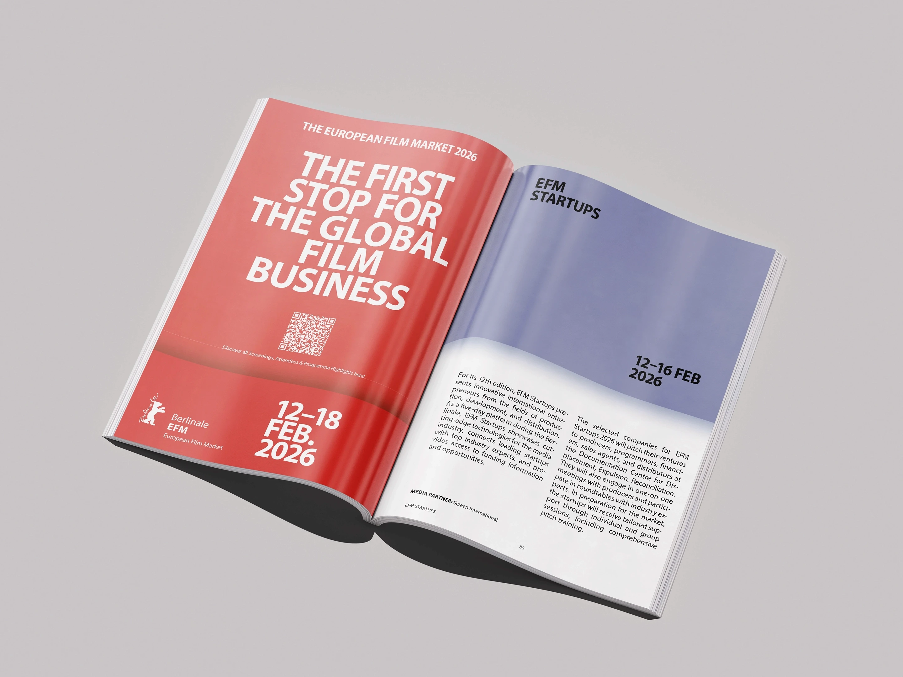 Berlinale EFM Guide 2026 Mockup: aufgeschlagene Anzeigenseite ‚The First Stop for the Global Film Business' und Programmseite zu EFM Startups