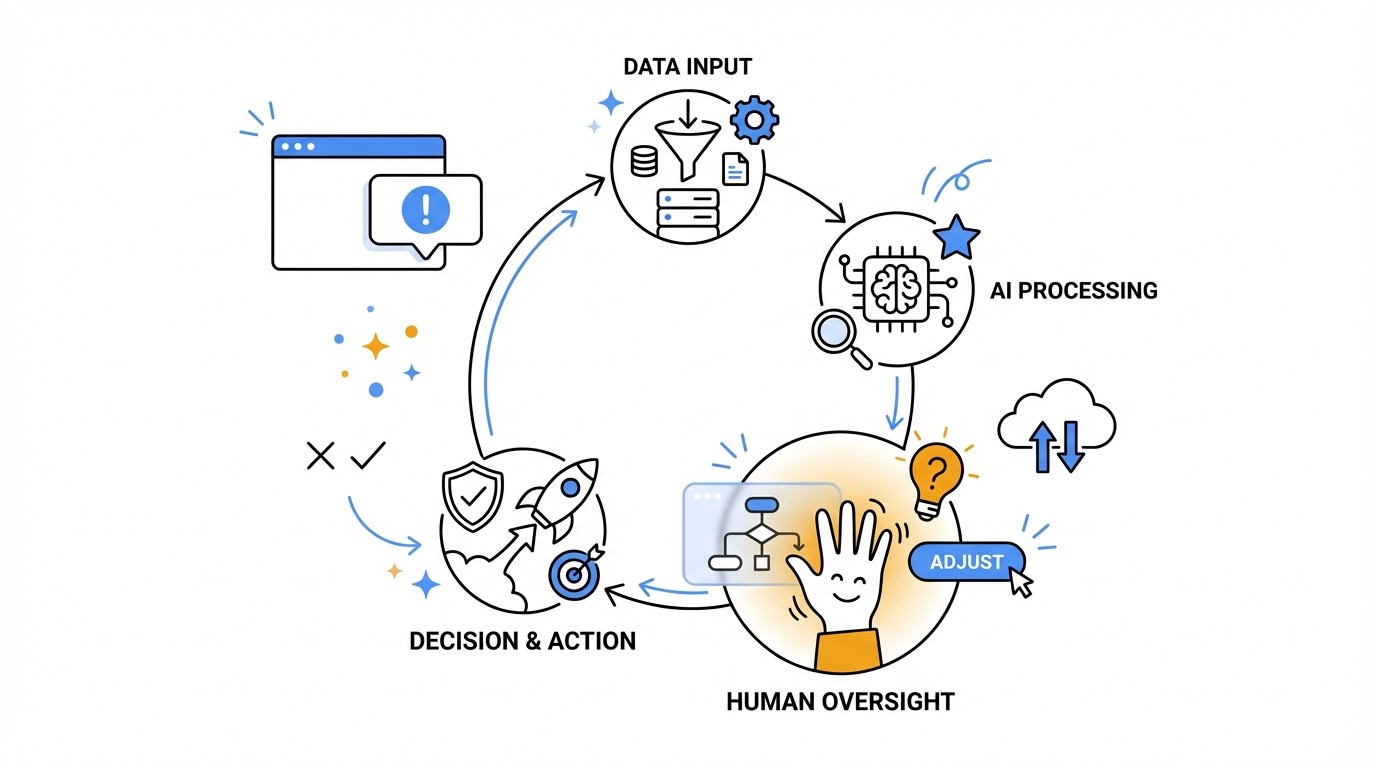 A framework diagram showing a circular process where automated system outputs are reviewed by a human before being fed back into the system for improvement.
