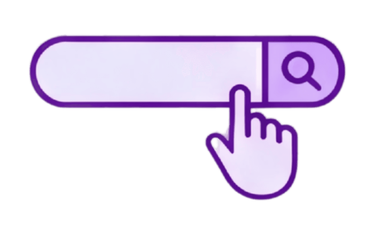 Purple search bar icon with a magnifying glass and a hand cursor clicking it.