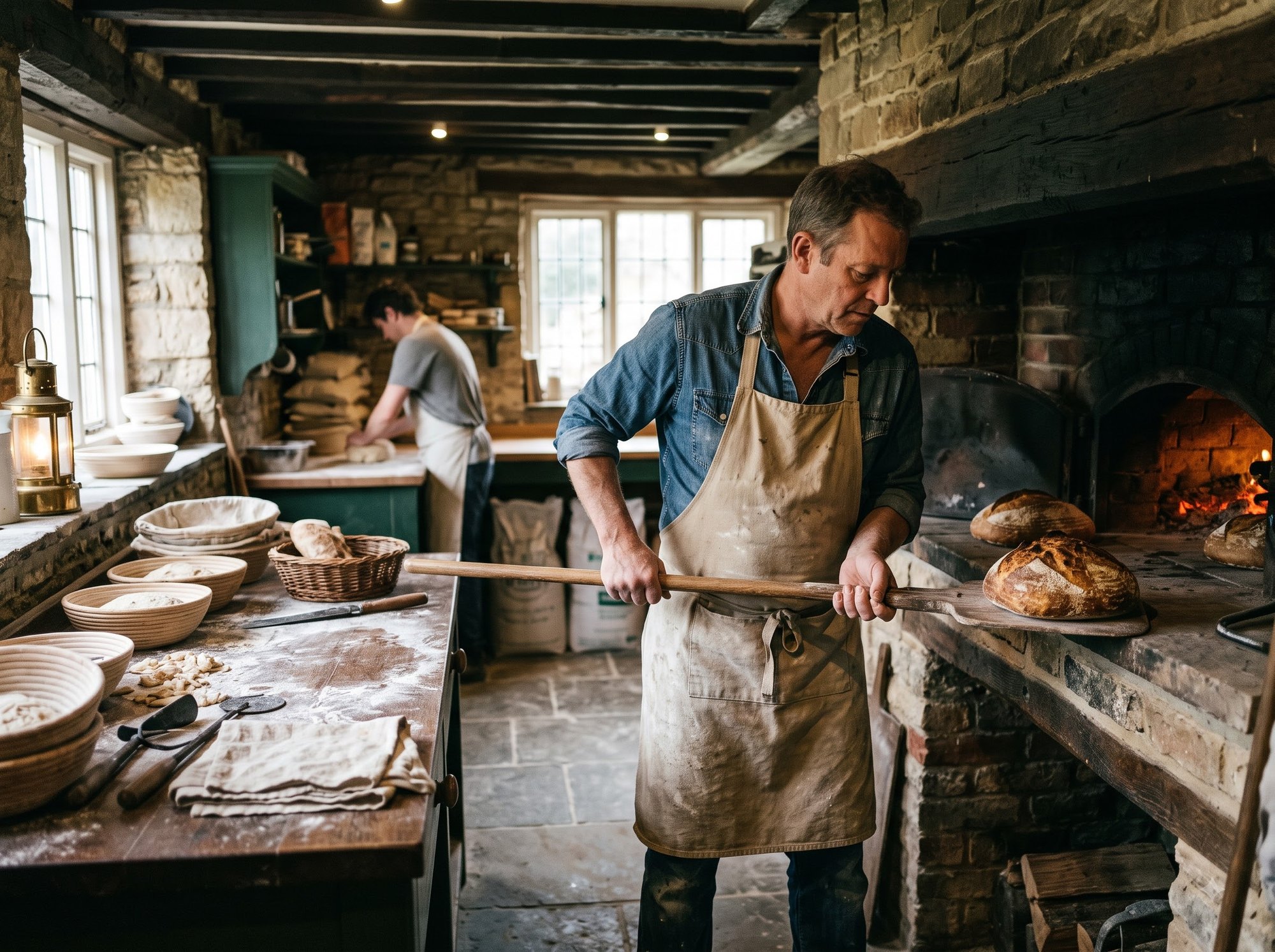 The baker pulling sourdough from the oven