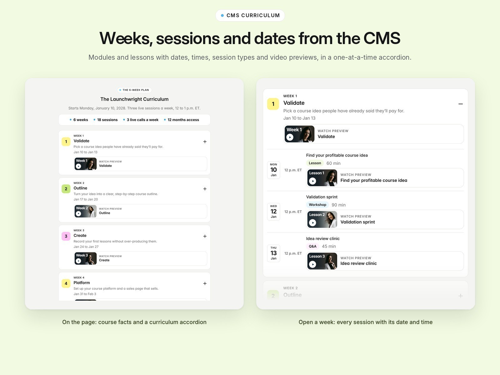 The curriculum accordion with weeks, sessions and dates from the CMS
