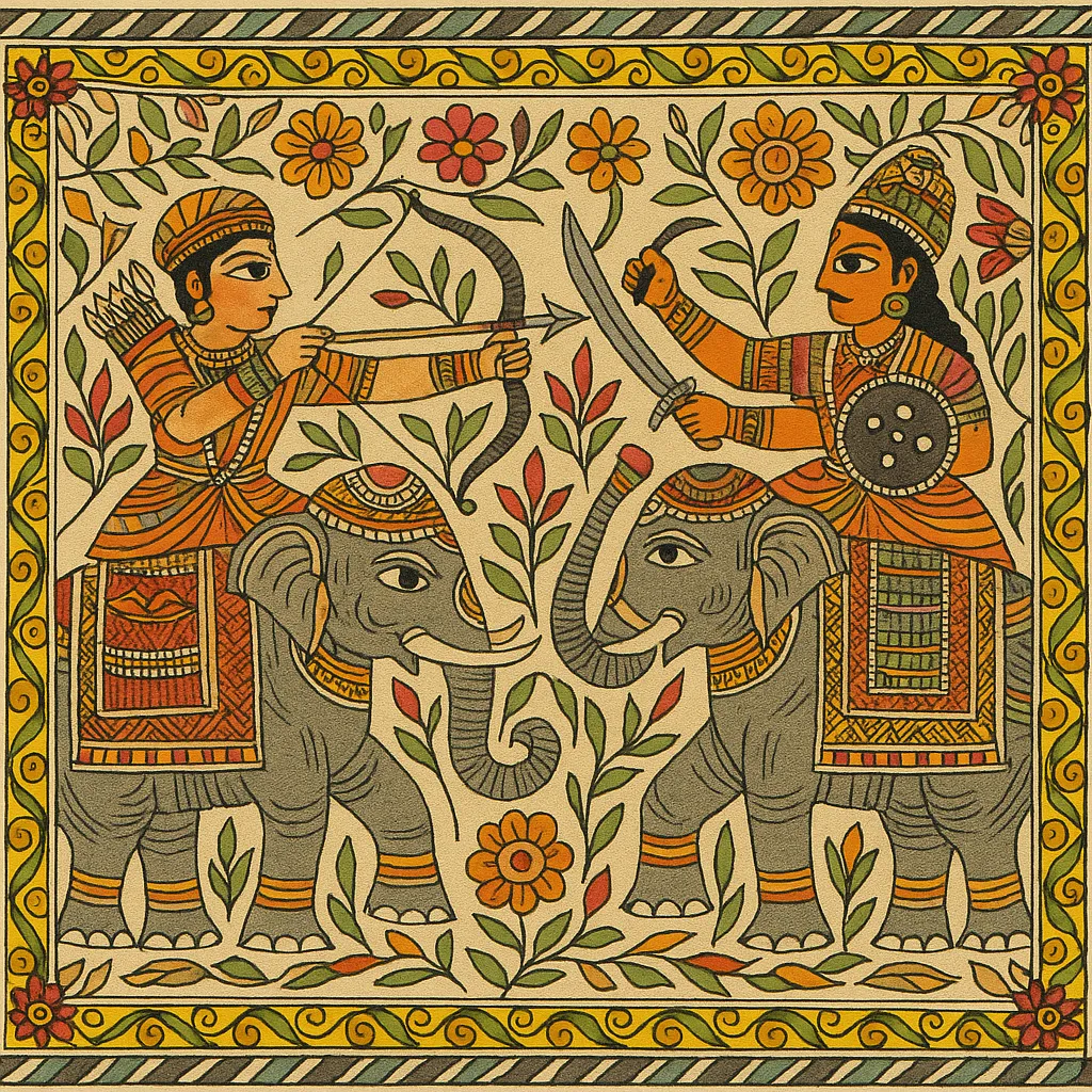 two warring parties, elephant, weapons