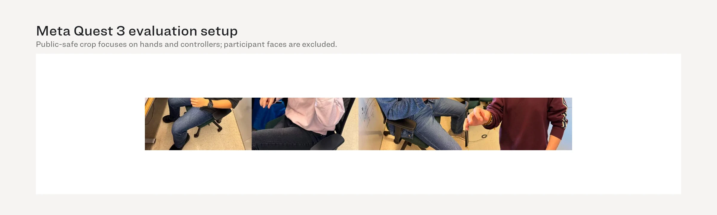 Hands and controllers during a Meta Quest 3 AR evaluation; participant faces are excluded.