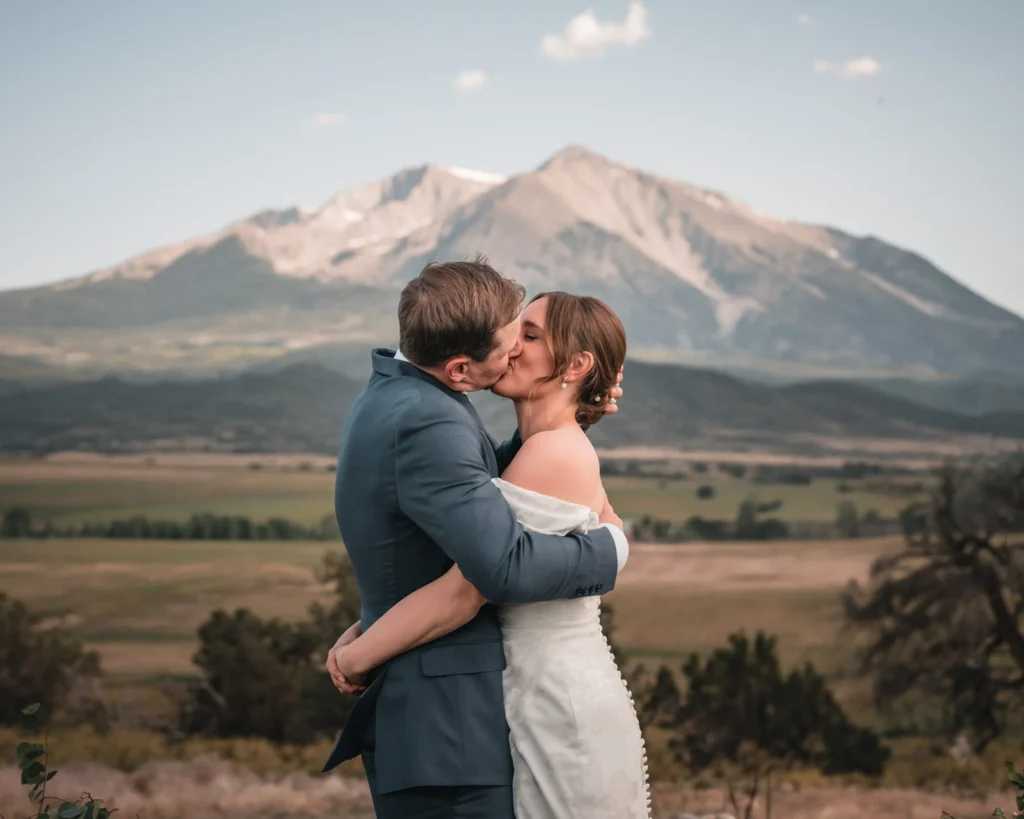 Romantic couple portrait in golden light at Carbondale Private Ranch Wedding