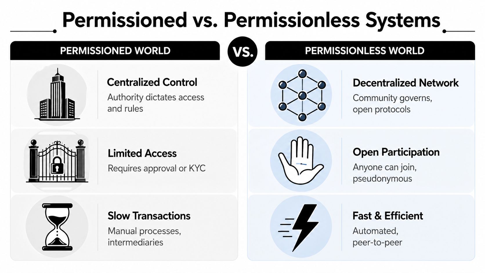 A comparison chart showing differences between permissioned centralized systems and permissionless decentralized blockchain networks.