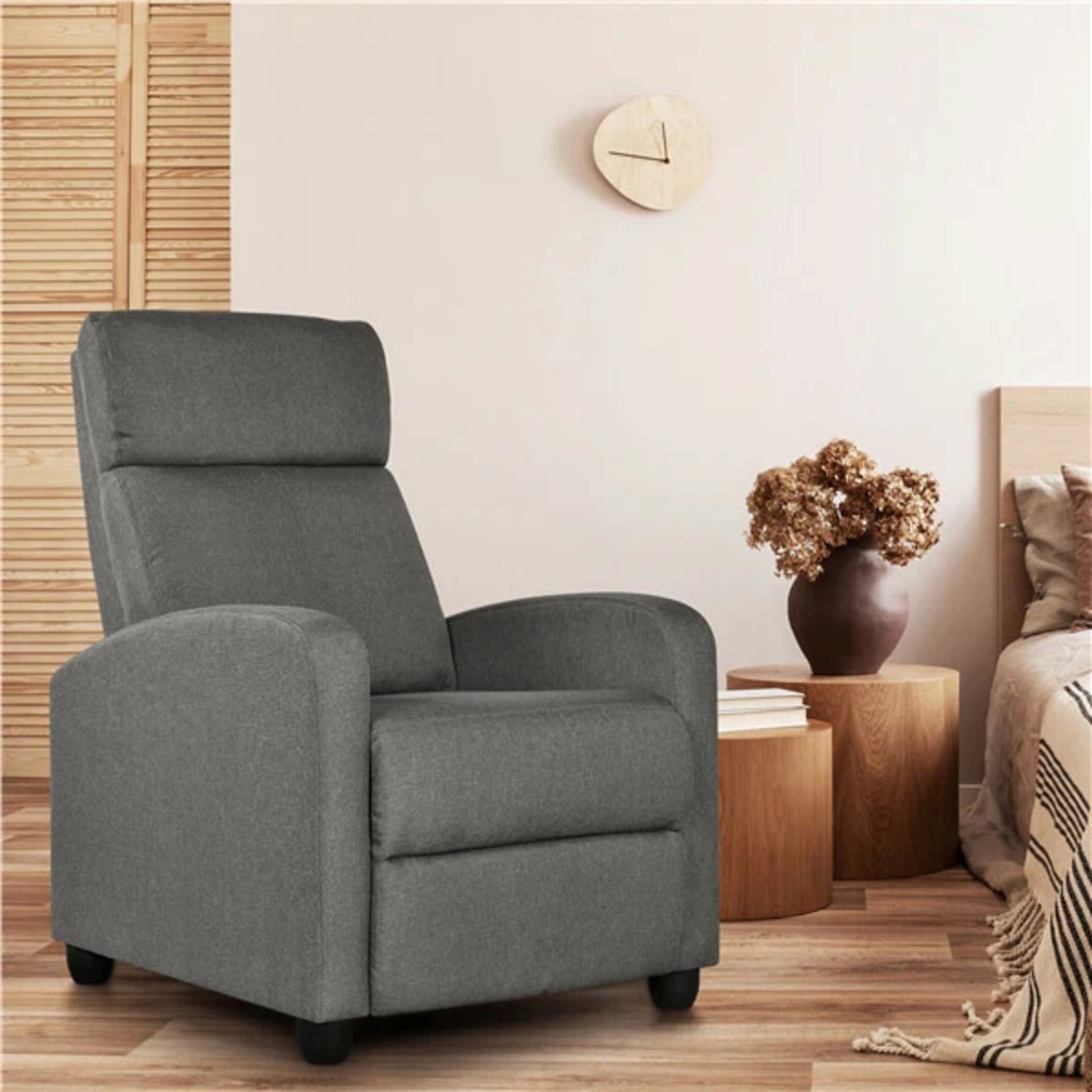  Dark gray Yaheetech recliner chair in a neutral-toned living space