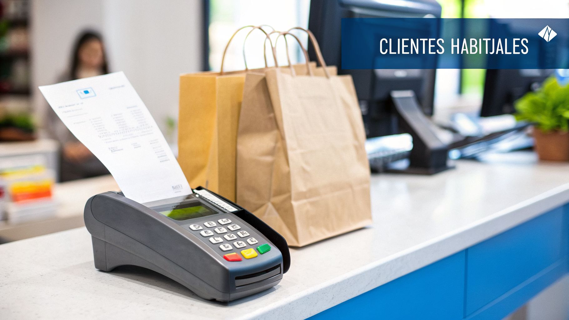 Un terminal de punto de venta imprimiendo un recibo, con bolsas de compra en un mostrador de tienda.