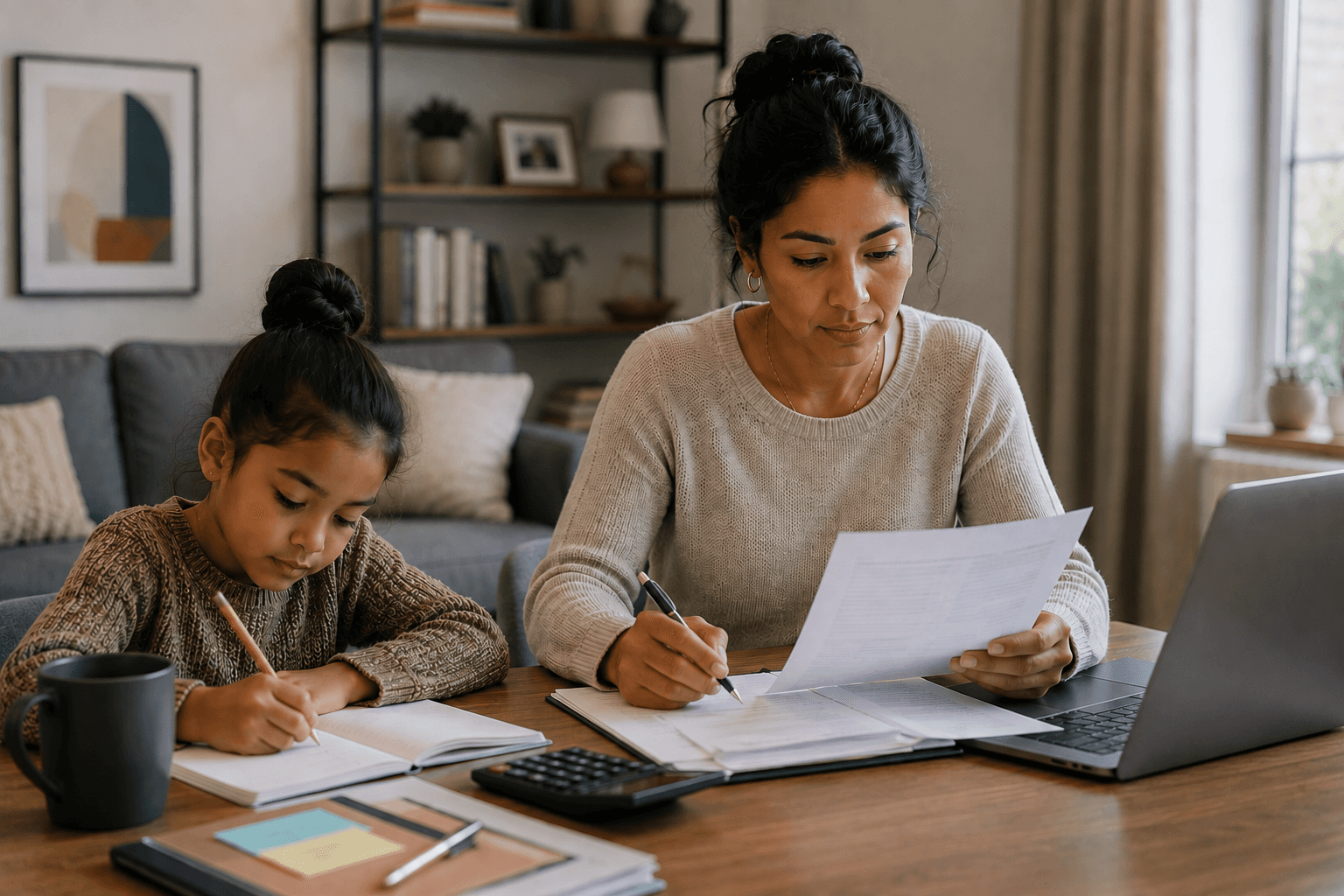 Mother reviewing paperwork at home while her daughter works beside her, illustrating divorce and parenting considerations in Ontario.