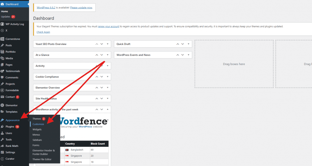 footer edit appearance and customize tabs