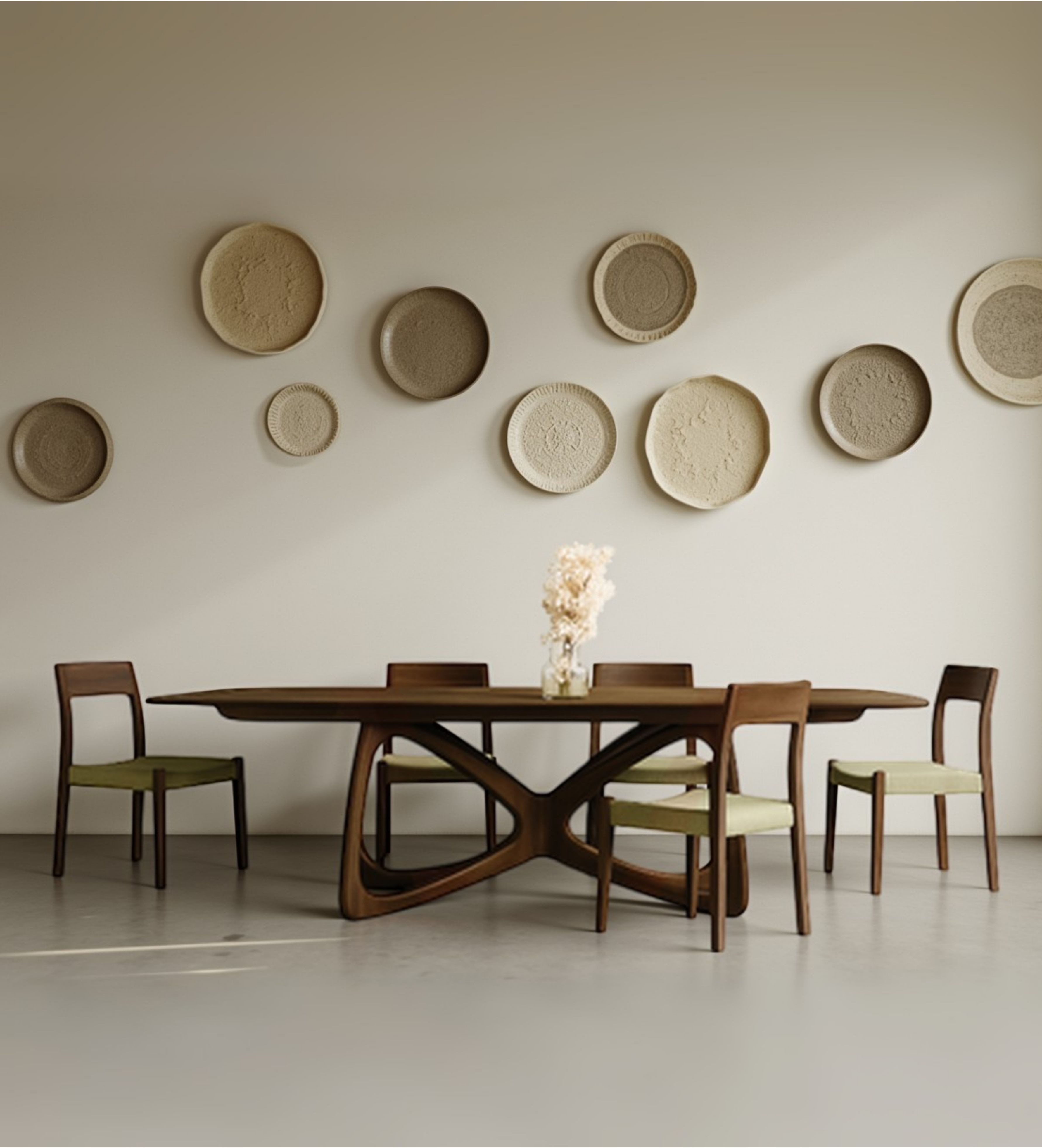 Sculptural wooden dining table with curved base, paired with mixed upholstered chairs