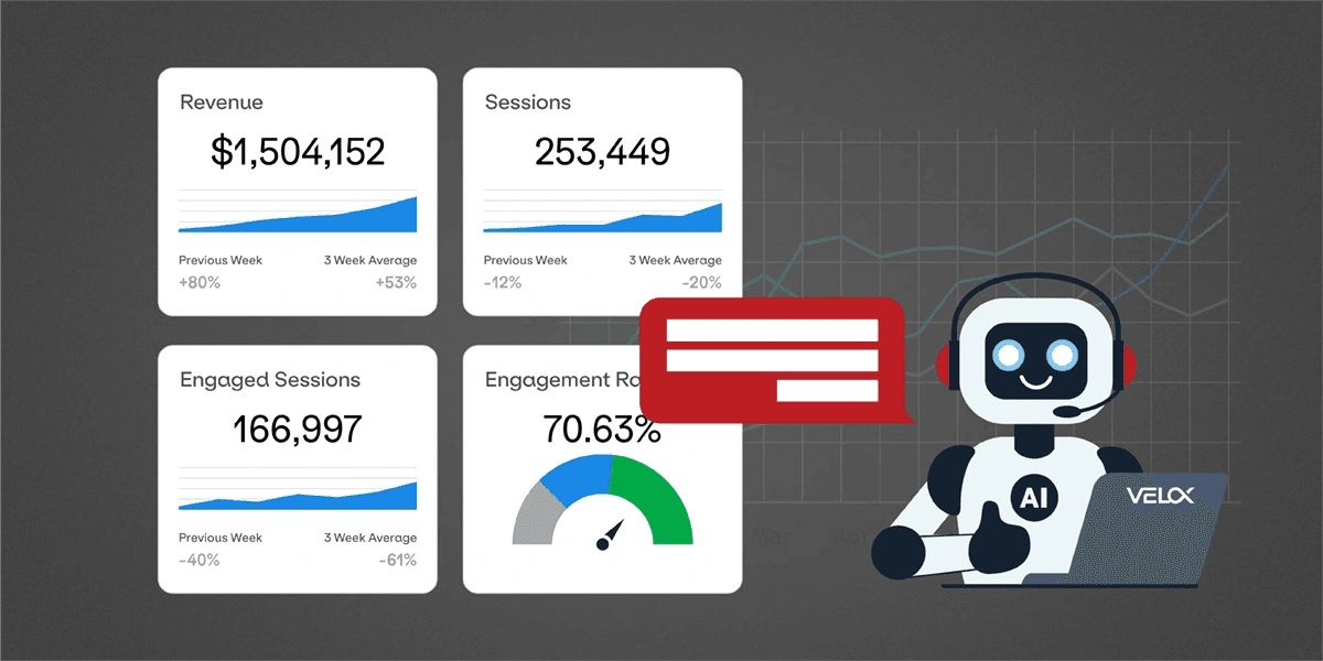A robot on a laptop with digital marketing performance charts behind it.