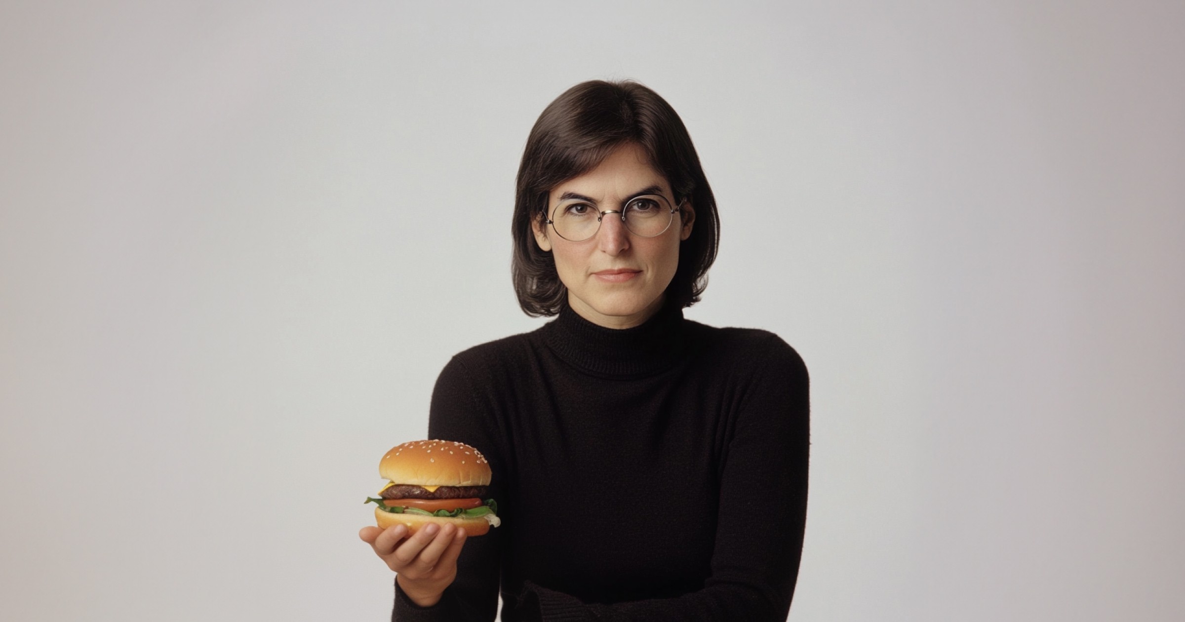 Woman holding a burger like steve jobs