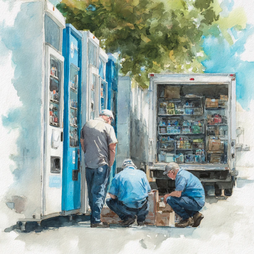 Watercolor or Family Stocking Machines under a tree with delevery truck in background