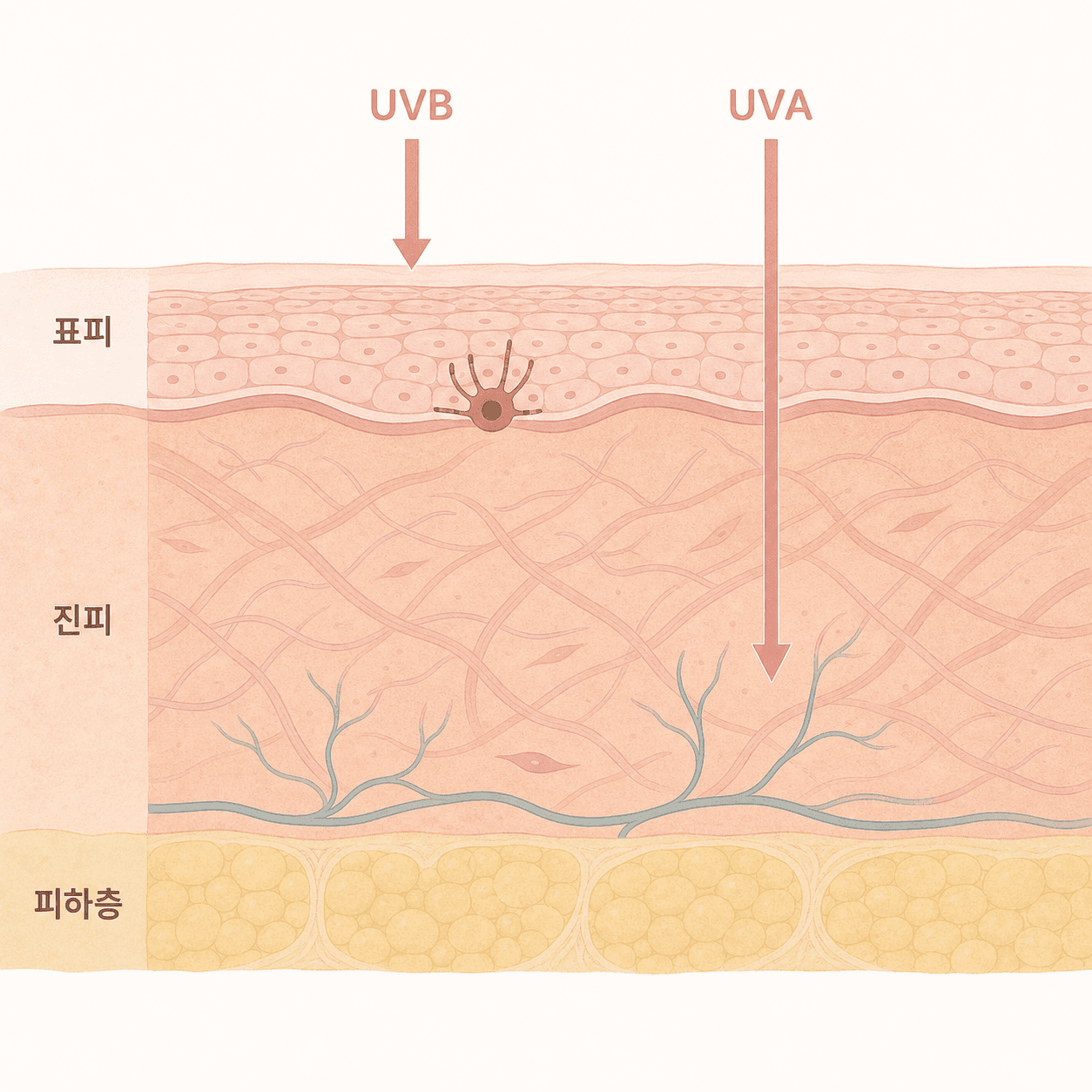 표피에서 멈추는 UVB와 진피까지 닿는 UVA