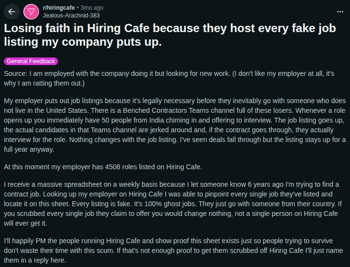 r/hiringcafe post titled "Losing faith in Hiring Cafe because they host every fake job listing my company puts up"
