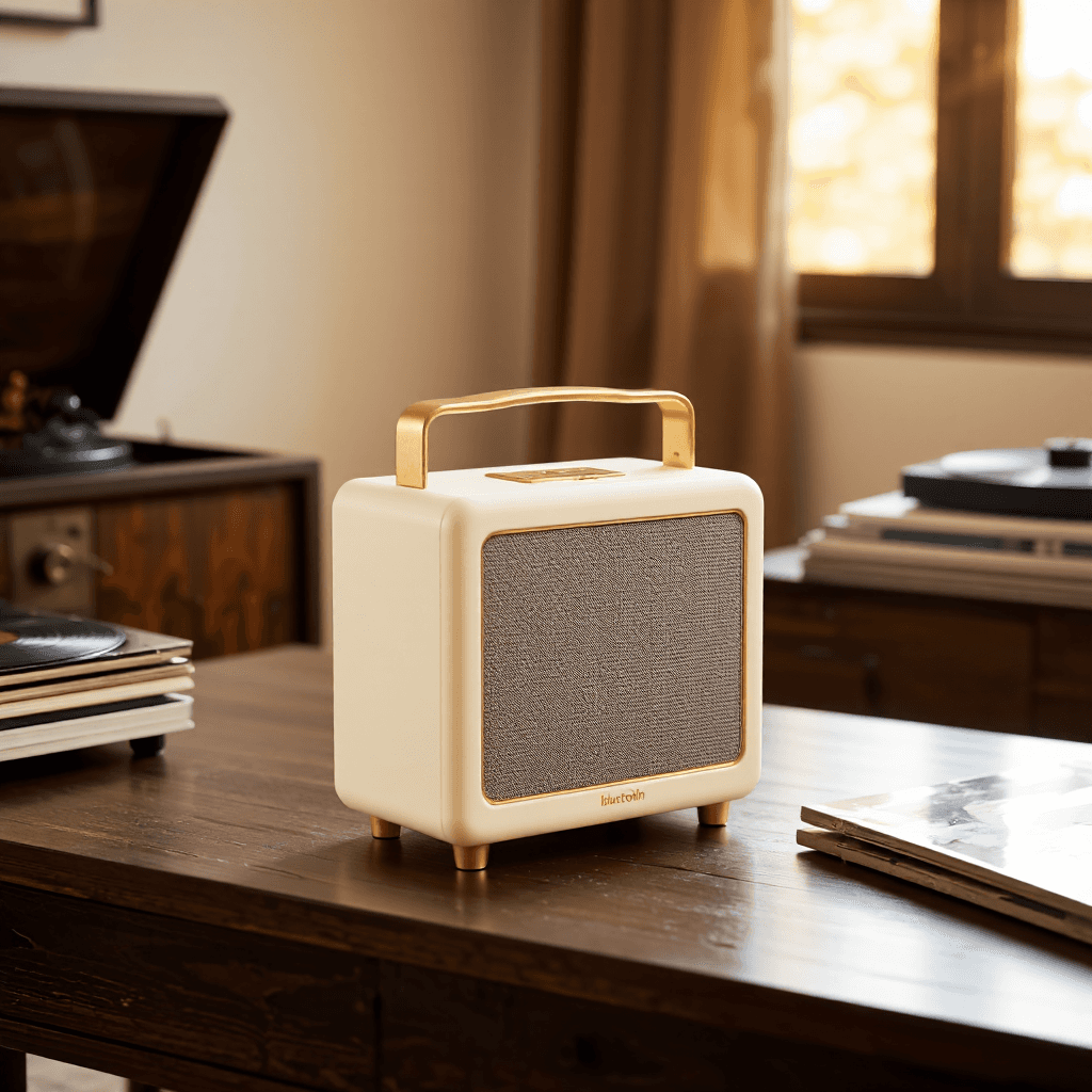 product photography of a portable Bluetooth speaker with a retro design