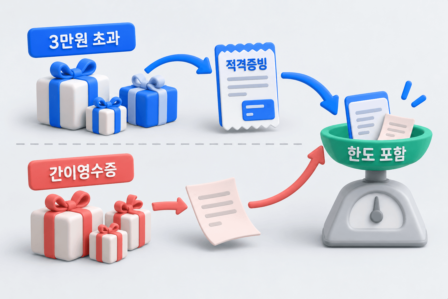 가로 경계선 위아래로 나뉜 선물 상자들과 각각 다른 증빙으로 이어지는 화살표
