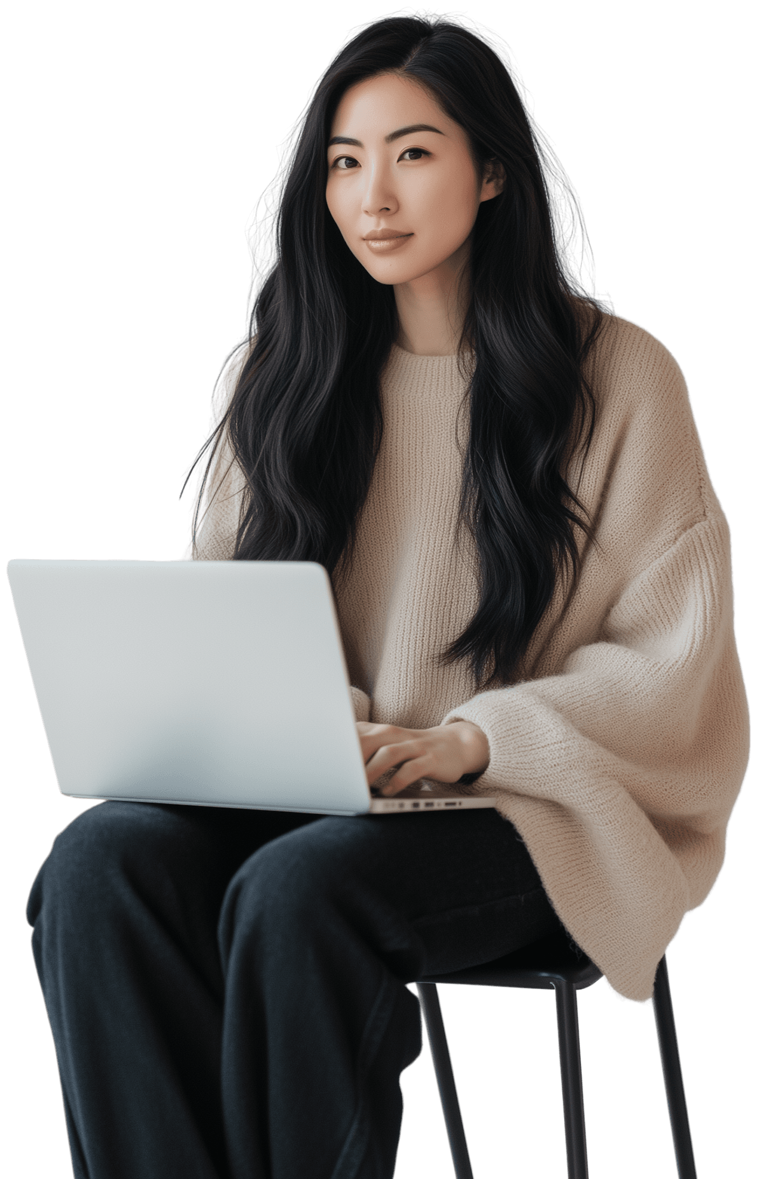 A young woman with long dark hair sits on a chair using a laptop, wearing a beige sweater and black pants.