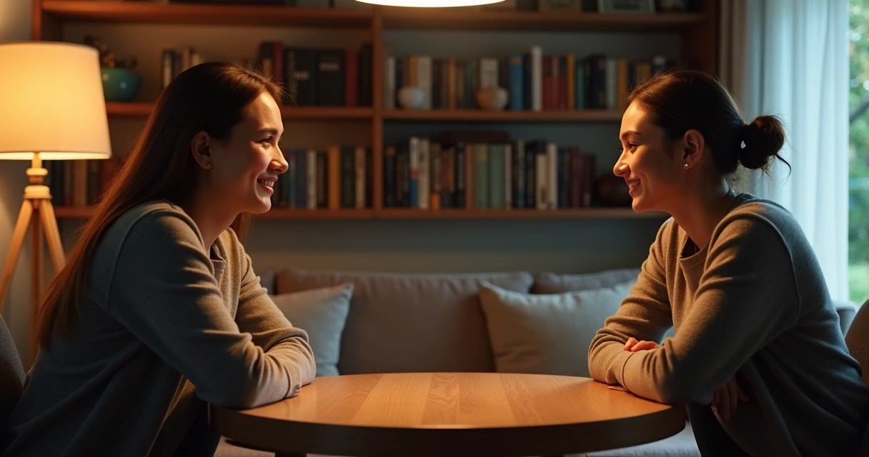 Casal sentado frente a frente, conversando em ambiente acolhedor 